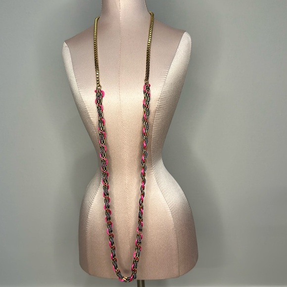 Madewell faux gold necklace with pink and grey satin threads woven through - Picture 1 of 5